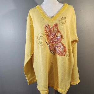 Quacker Factory Size XL Yellow V-Neck Sweater with Butterfly Design